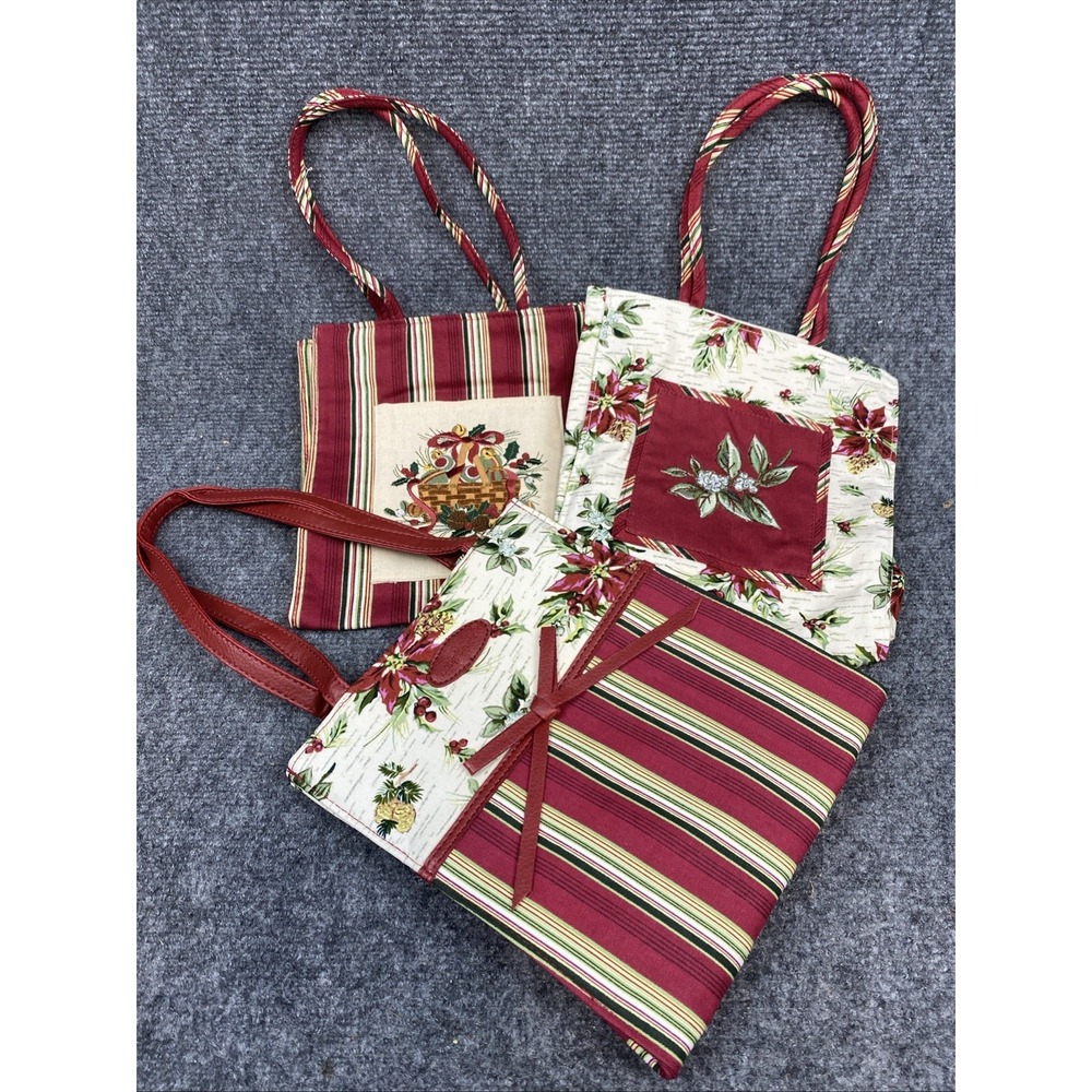 Longaberger Fabric Tote Bags Lot of 3 Holiday Botanical & Stripe NWT Christmas
